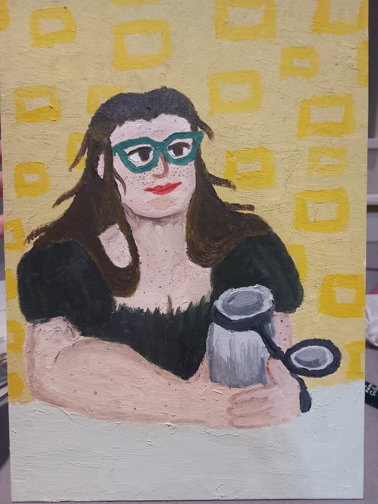 Oil painting (thick brush) of a young woman in a dark green dress with a metal bottle in her left hand