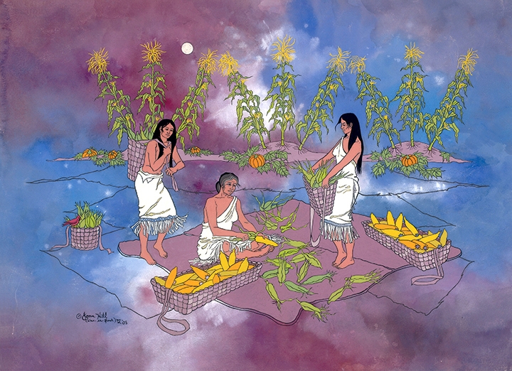 Three Native American women collecting maize with a surreal background