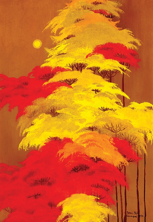 Trees with fluffy red or yellow leaves and long thin trunks on an orange background.