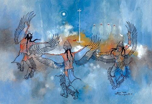 Three Native American men wearing wings dancing. In the background are four figures in white and a pole with a fish stuck at the top