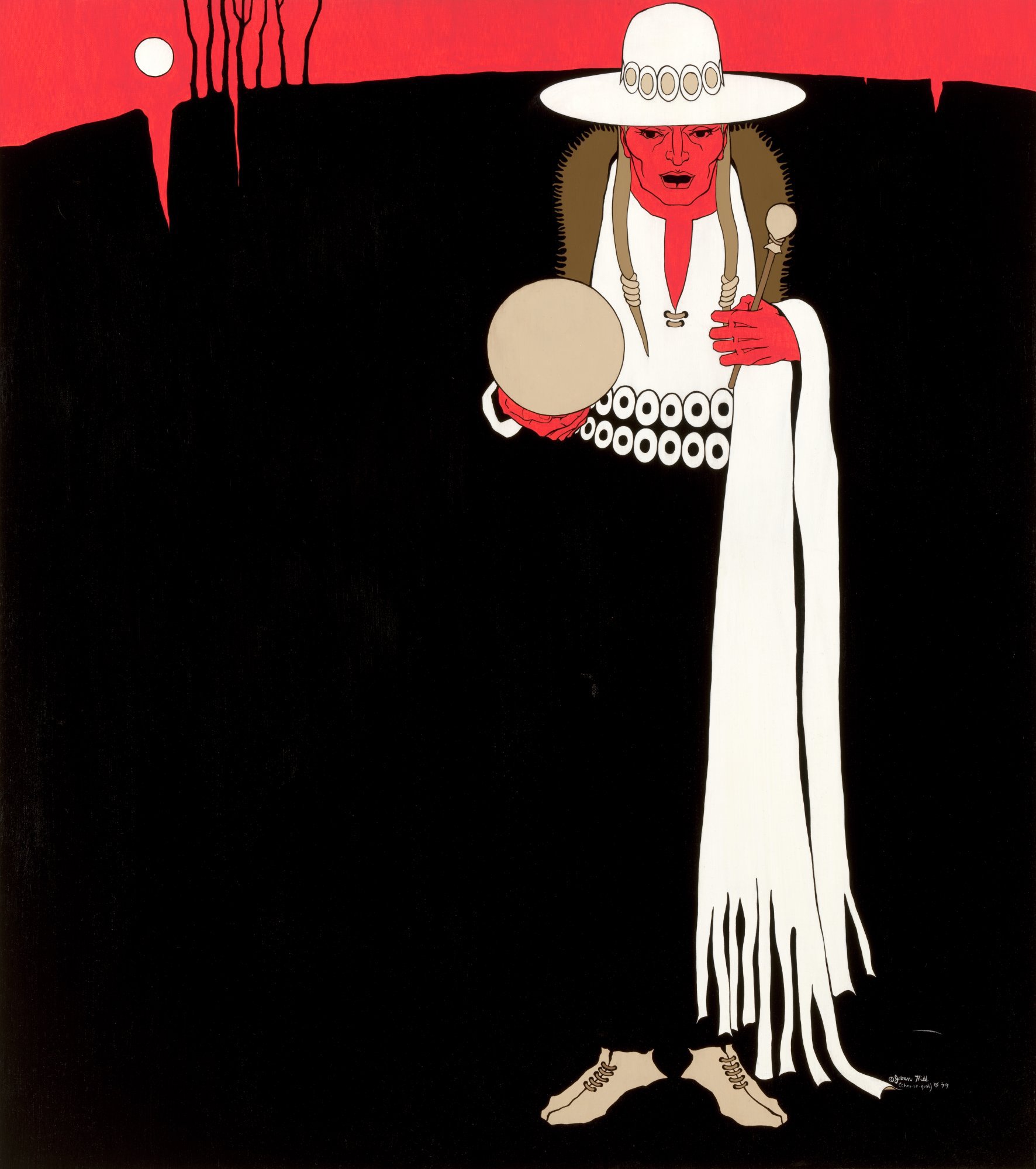 A stylized painting of a man facing the viewer in front of a black hillside. His black trousers and black coat blend in with the background and are not visible. He is wearing a wide-brimmed, high-crowned white hat, a black coat with a fur collar, a white shirt and two rows of conchos around his waist. A long white scarf is draped over his left arm, and he is holding a drumstick in his left hand. In his right hand, he is holding a drum, and he appears to be singing. The sky above the hill is red with a white moon on the left.