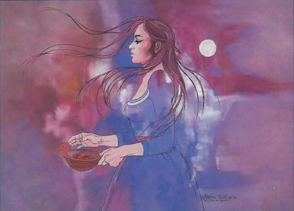A woman holds a bowl (an effigy bowl) carefully while walking in the wind. Her hair is blowing in front of her. The moon shines in the background. The background is a wash of pinks and purples