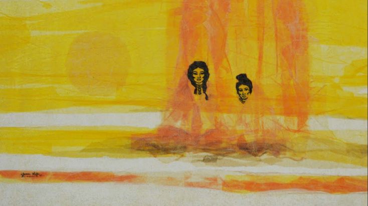 Two Native American women sit, wrapped in shawls as the sun rises behind them. The scene is very yellow.