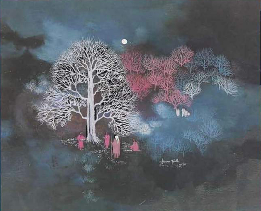 A group of people gather to a pecan tree at night, to start picking it. The tree is a bright white, the figures are pink and the background is hazy and cloudy.