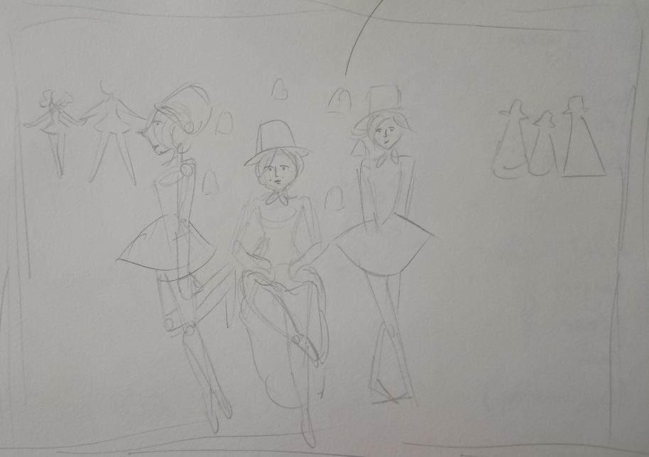 Women in Welsh dress Irish dancing, in the background are women in Welsh dress on the right and women Irish dancing on the left. In the centre background are small stones in a circle