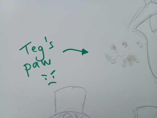 A green and crimson paw print on paper, a note says 'Teg's Paw >:('