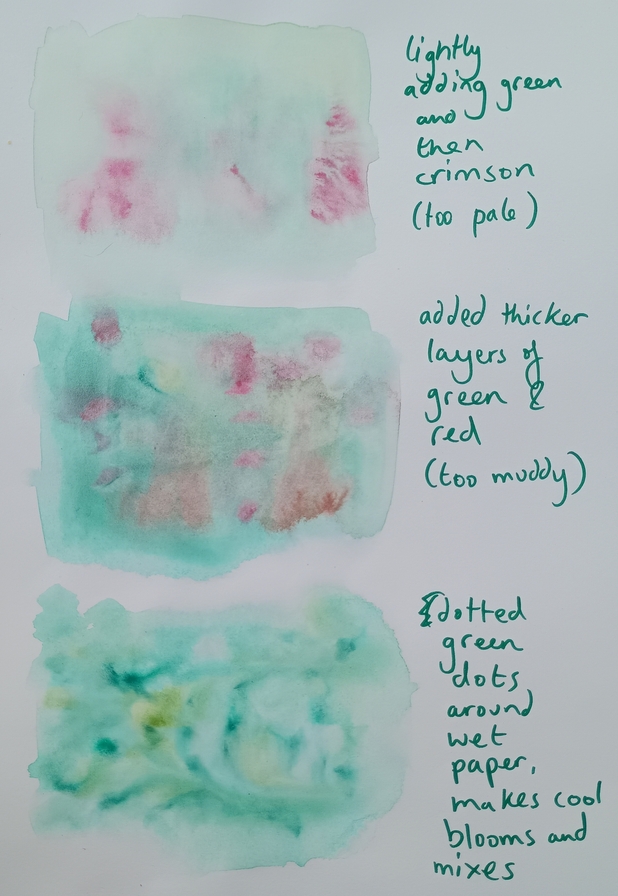 Three swatches of watercolour, the top is pale green and crimson, the middle is a mix of green and red and the bottom is different shades of green (and looks the 'cleanest'