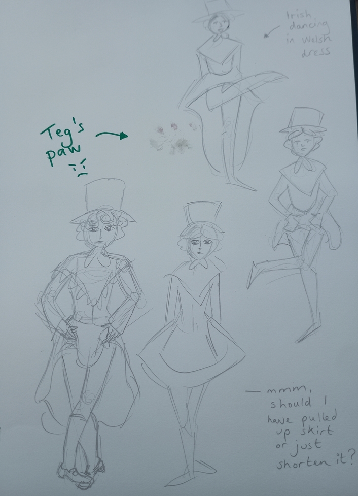 Drawings of women Irish dancing while wearing traditional Welsh dress - also Teg's paw is there