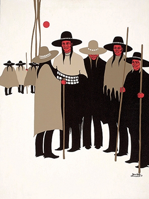 A group of Native American men discuss a potential war/conflict that may arise.