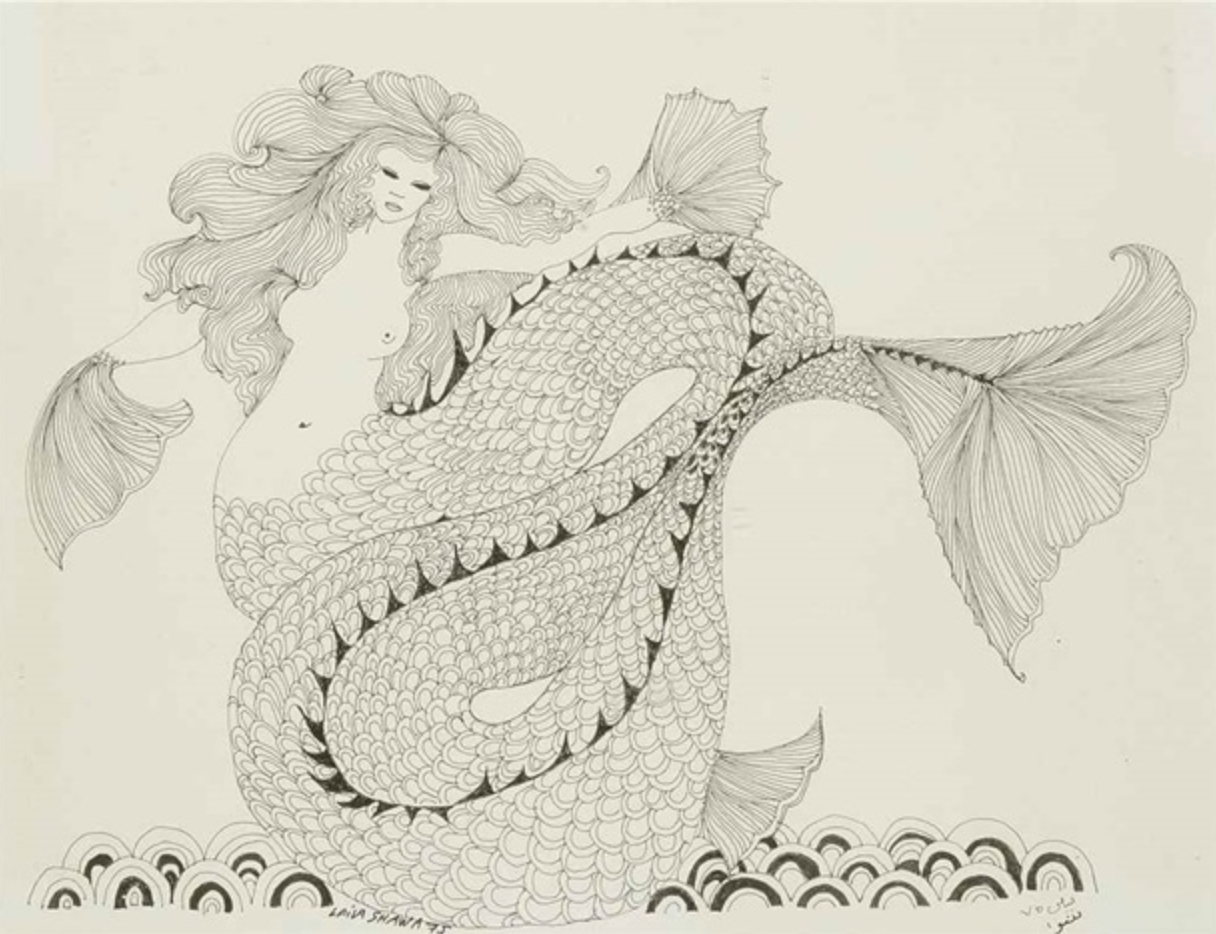 A line drawing of a mermaid, her hands are fins rather than human hands.