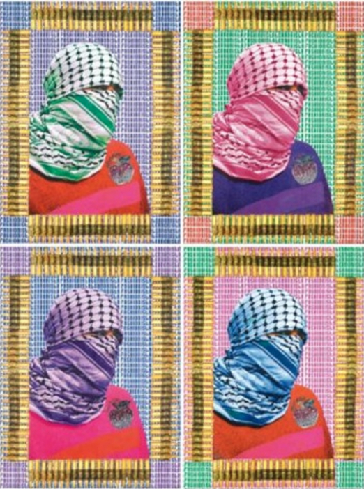 A pop art style of four identical photos of a woman wearing a keffiyah - the only difference between each photo is the colour