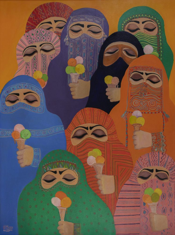 Stylised painting of a group of women, wearing colourful patterned niqabs holding ice-cream and sighing in frustration