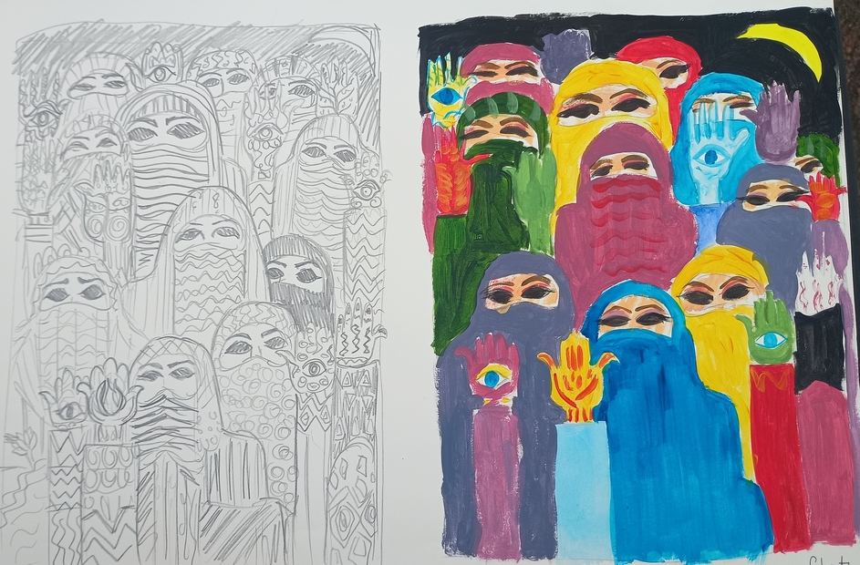 A pencil drawing and an acrylic painting done by me based on The Hands of Fatima by Laila Shawa