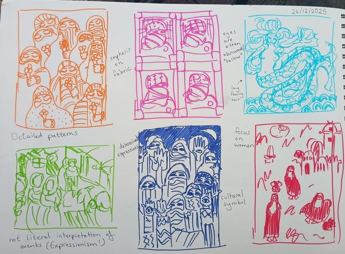 Six felt tip sketches based on Laila Shawa's paintings/drawings/prints
