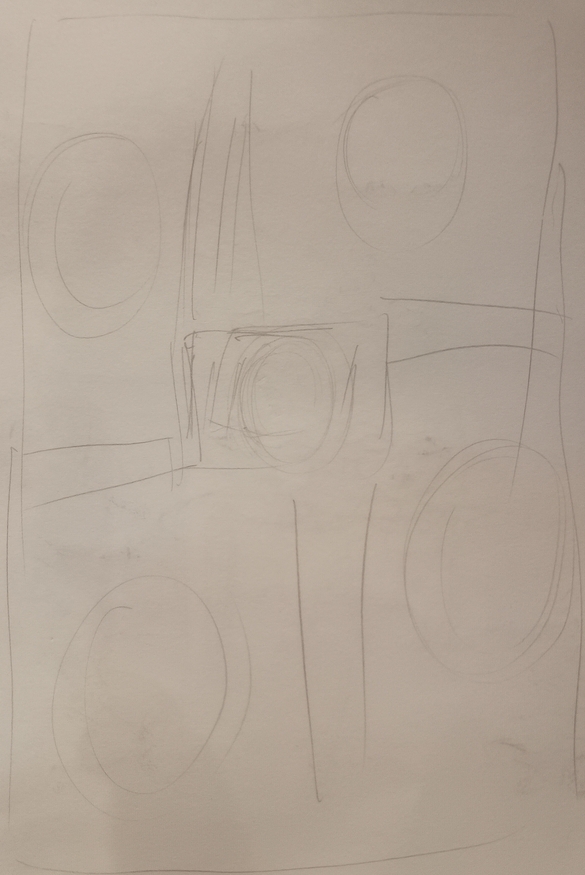 Pencil sketch of Brigid's cross with a face in the middle, each quarter of the page also has a face