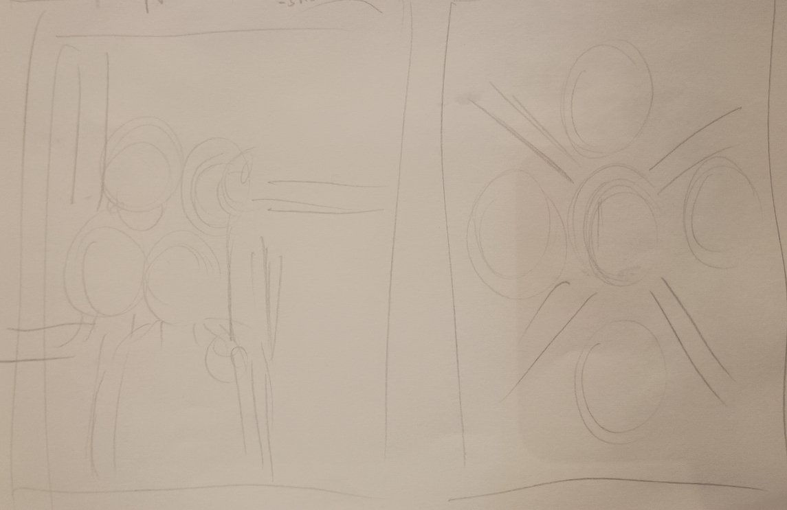 Pencil sketch of a face in the centre of a cross with faces in each quarter and a sketch of St.Brigid's cross where the centre is four faces rather than a square