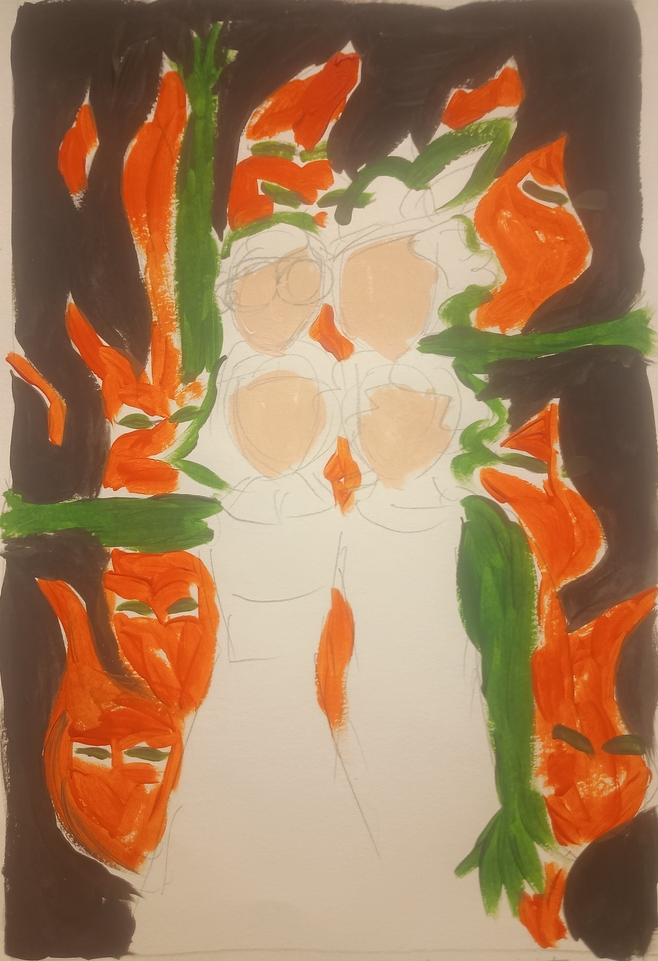 Painting of four women dressed in white stood in front of a fire. Their green arms are stretched out to form St. Brigid's cross. The fire has many pairs of eyes staring from it.