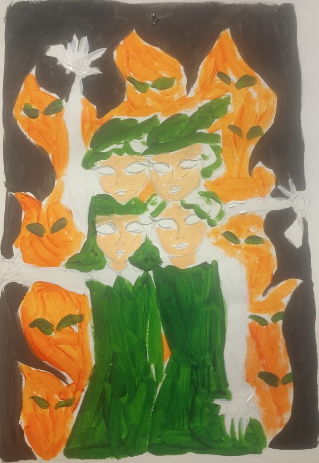 Painting of four women dressed in green stood in front of a fire. Their white arms are stretched out to form St. Brigid's cross and they are clutching straw in their hands. The fire has many pairs of eyes staring from it.