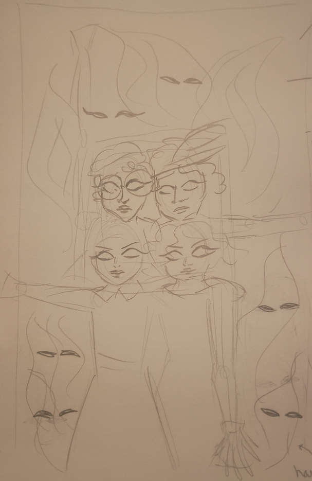 Pencil drawing of four women stood in front of a fire. Their arms are stretched out to form St. Brigid's cross. The fire has many pairs of eyes staring from it.