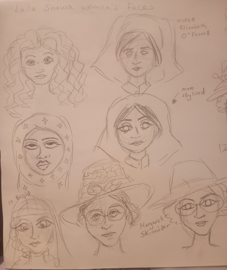Pencil sketches women's faces in the style of Laila Shawa