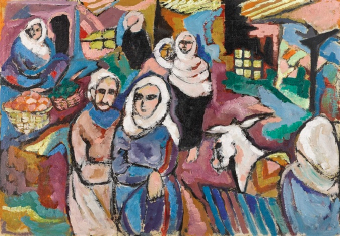 An oil painting a busy middle eastern open-air market