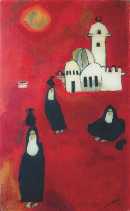An oil painting a group of women in despair, near a well with dropped water containers. A city shape is in the background and the overall colour scheme is a bloody red.