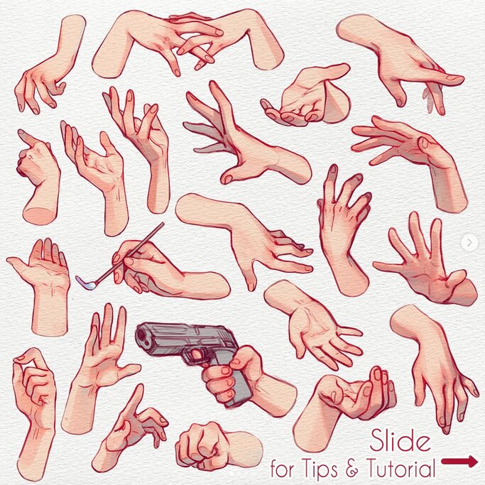 Many hand drawings in different poses