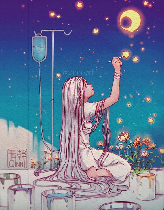 Girl with very long hair and an IV drip painting stars on the wall