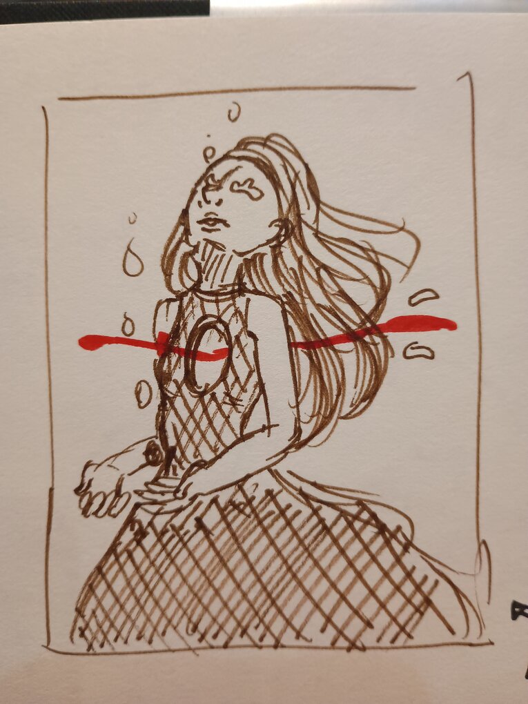 Sketch of girl with hole in her chest, blood is flowing through the hole