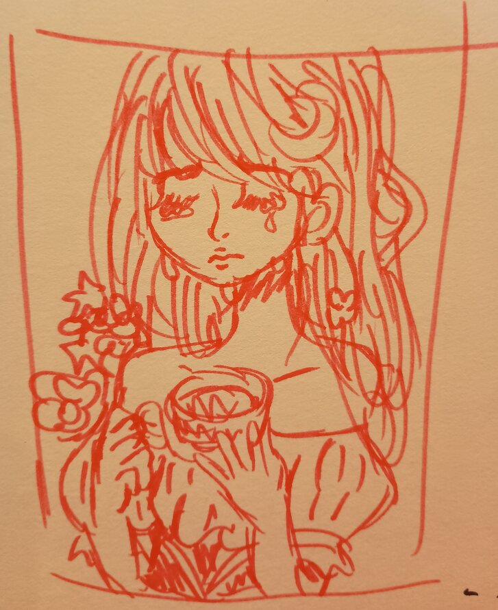 Sketch of a girl holding a cup of tea