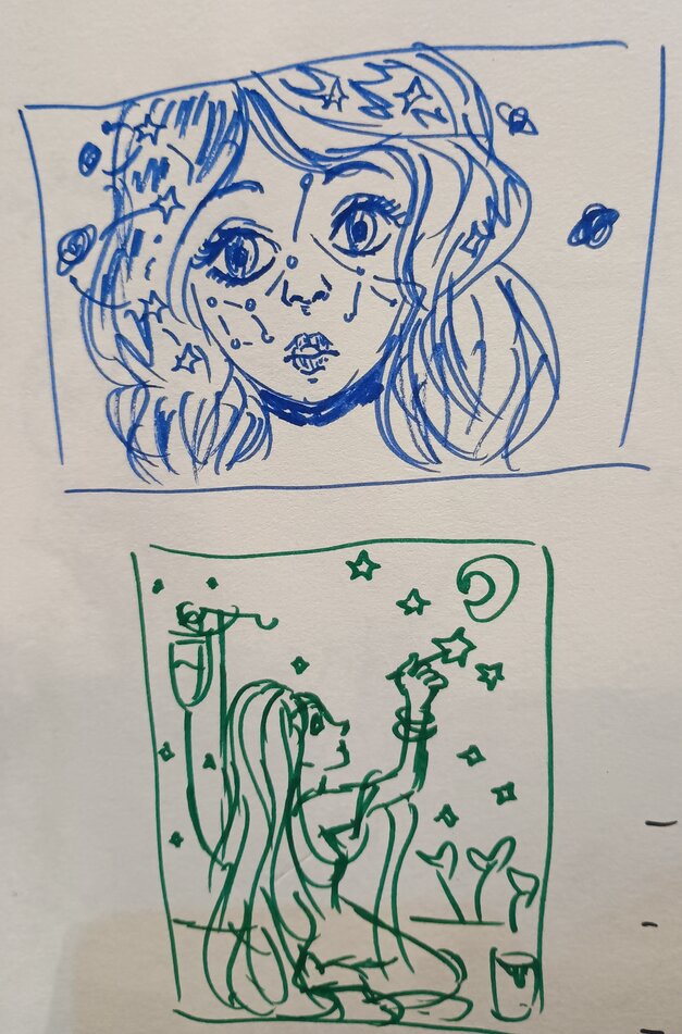 Sketch of 'Starred Freckles' and a sketch of an ill girl drawing stars