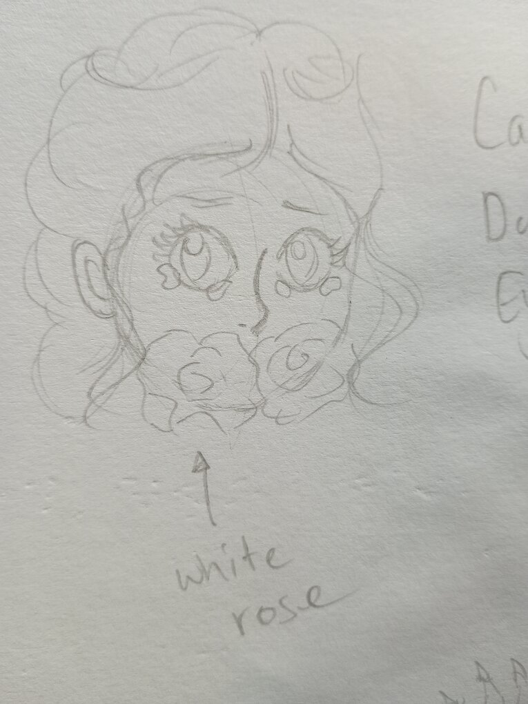 Woman with teary eyes and roses over her mouth, notes indicating they are white roses