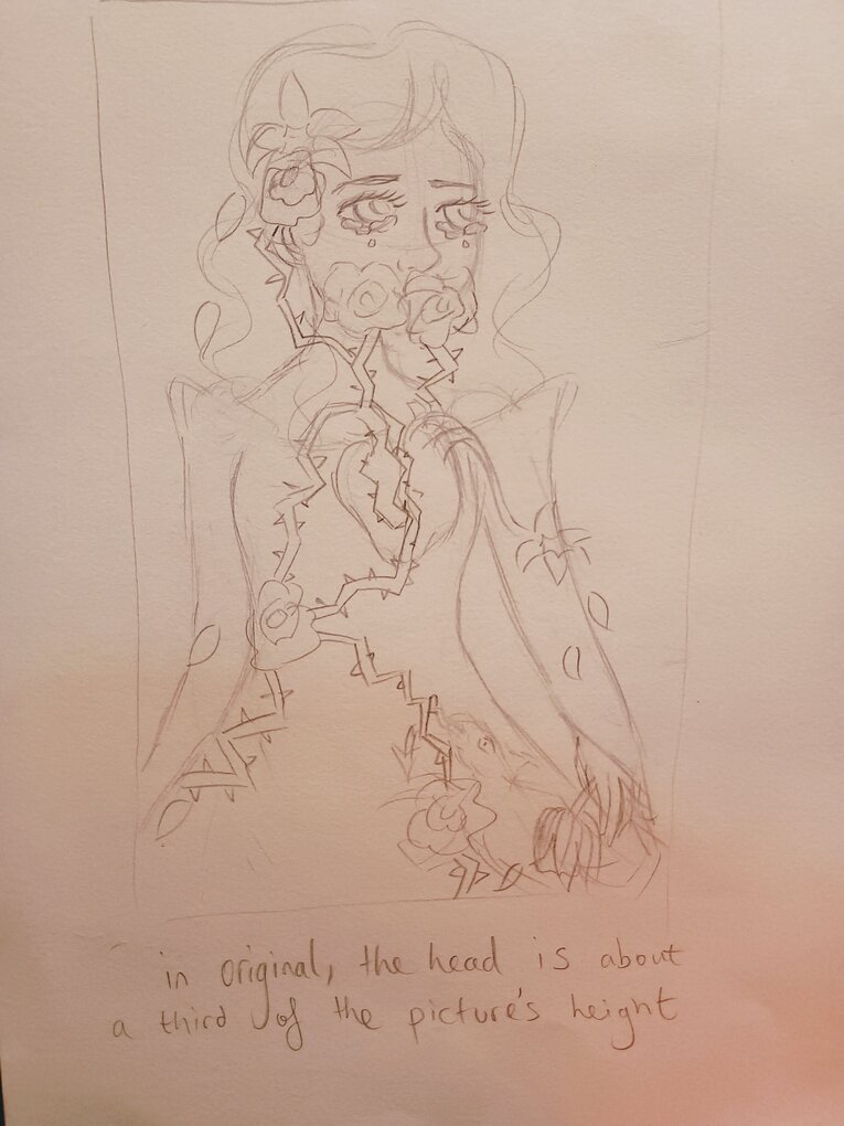 Pencil drawing of young woman with a mouth covered with roses and surrounded by rose thorns and her heart is breaking