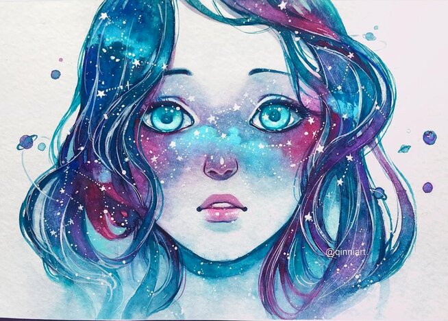 Girl whose face is overlaid with stars and galaxies