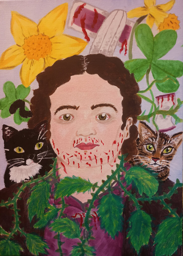 Acrylic painting of young woman with two cats on her shoulders. She is surrounded by daffodils, shrocks and hair removal products. She had stinging nettles around her neck. Her face and the hair removal products are bleeding