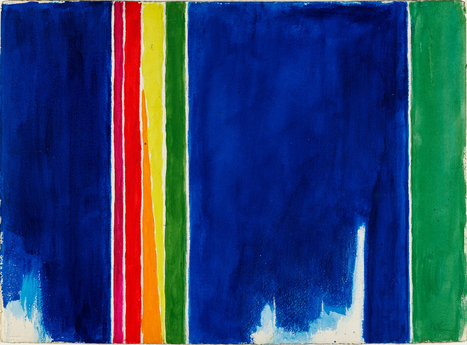 A dark blue background with a vertical strip of rainbow and vertical white 'tufts', to the right is a green strip separated from the dark blue with a white gap