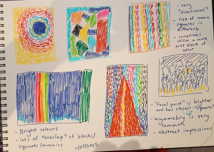 Entire page composed of felt tip copies of Alma Thomas's Eclipse, Atmospheric Effects, March on Washington, Blast Off, Tiptoe Through Tulips and Watusi Hard Edge
