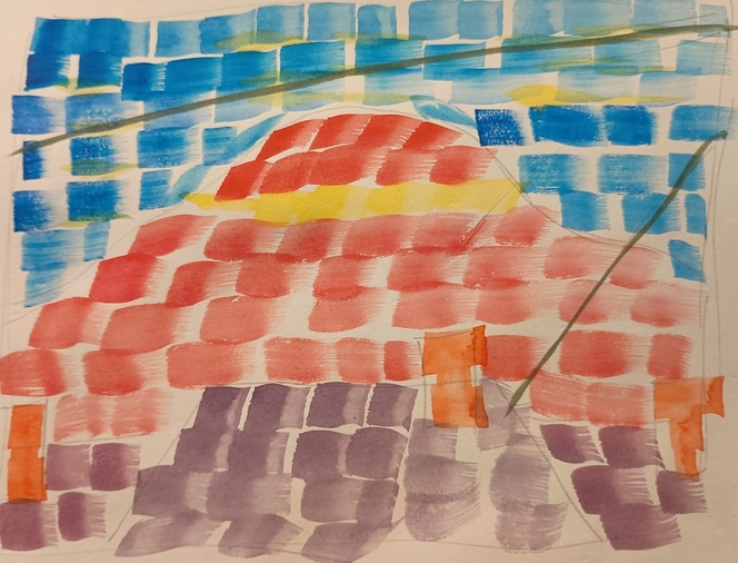 A blue sky, with yellow clouds, a reddish hill with a yellow line, purple houses with orange roofs