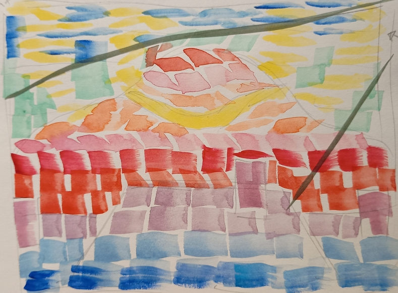 A green and blue sky with more prominent yellow clouds, a red, pink and orange hill with a yellow line and purple and blue houses