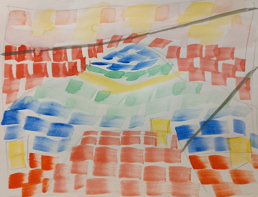 An orange, pink and red sky with yellow clouds, a blue and green hill with a yellow line and red anf orange houses with yellow chimneys