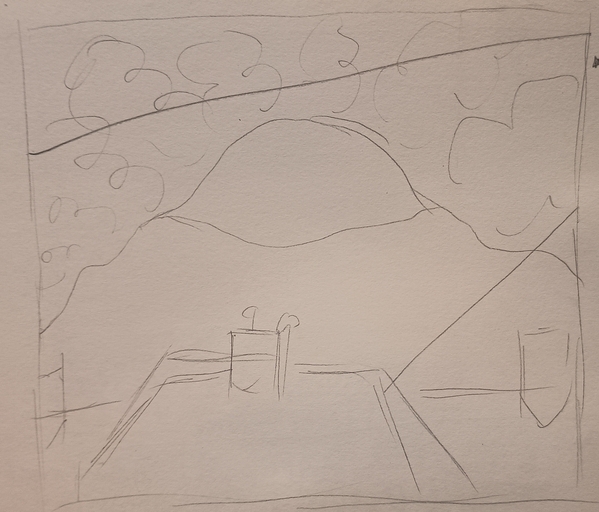 A pencil sketch, combining the four previous sketches into one almagamated picture