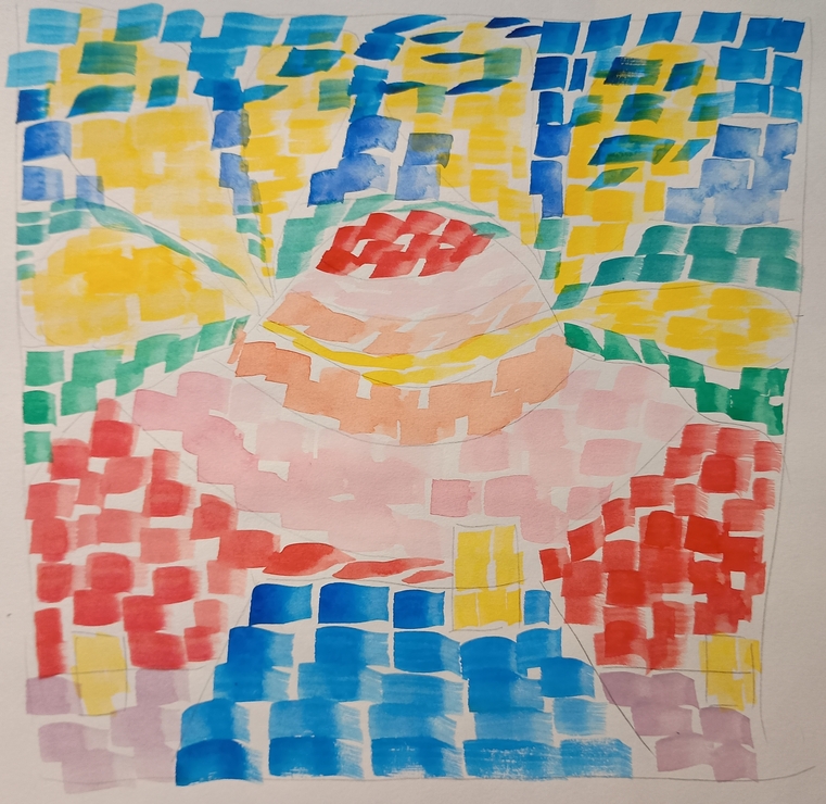 A watercolour painting of the sky, hill, houses sketches with a blue for the top of sky, green for lower sky, yellow for clouds, chimneys and 'crease' of hill, red for peak and bottom of hill, orange for middle of hill and pink for between the red and orange, finally the back two houses are purple and the front house is blue
