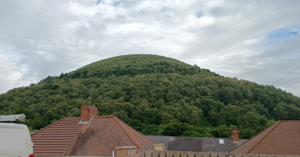 A tall, green hill looms over several houses on a cloudy day. There is a small van in the foreground, with its back censored with a grey square