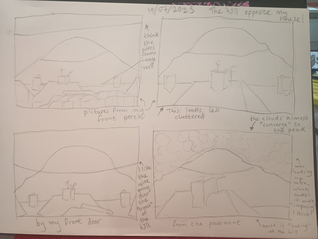 Four pencil sketches of the above photo, each with slightly different angles and focuses