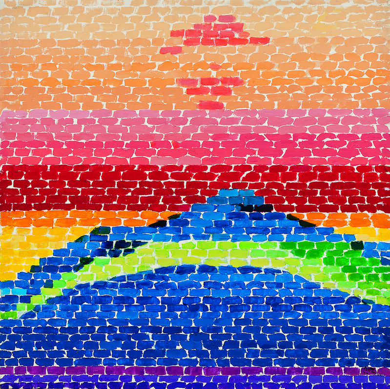 A warm coloured background with a dark blue mountain shape in the foreground with a green sliver through it