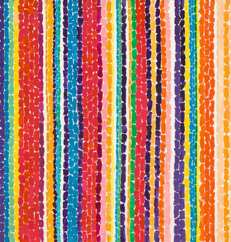 An abstract mosaic like painting of lines of different colour, with small white gaps between the lines