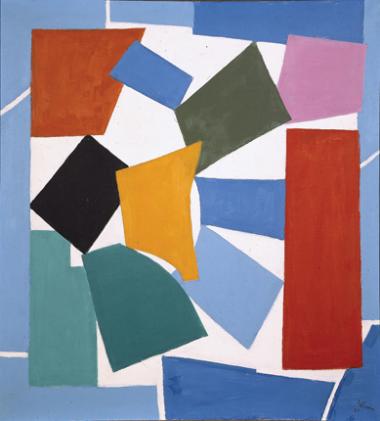 An abstract 'hard edge' painting with multicoloured squares that interlock and overlap against a background of white and light blue