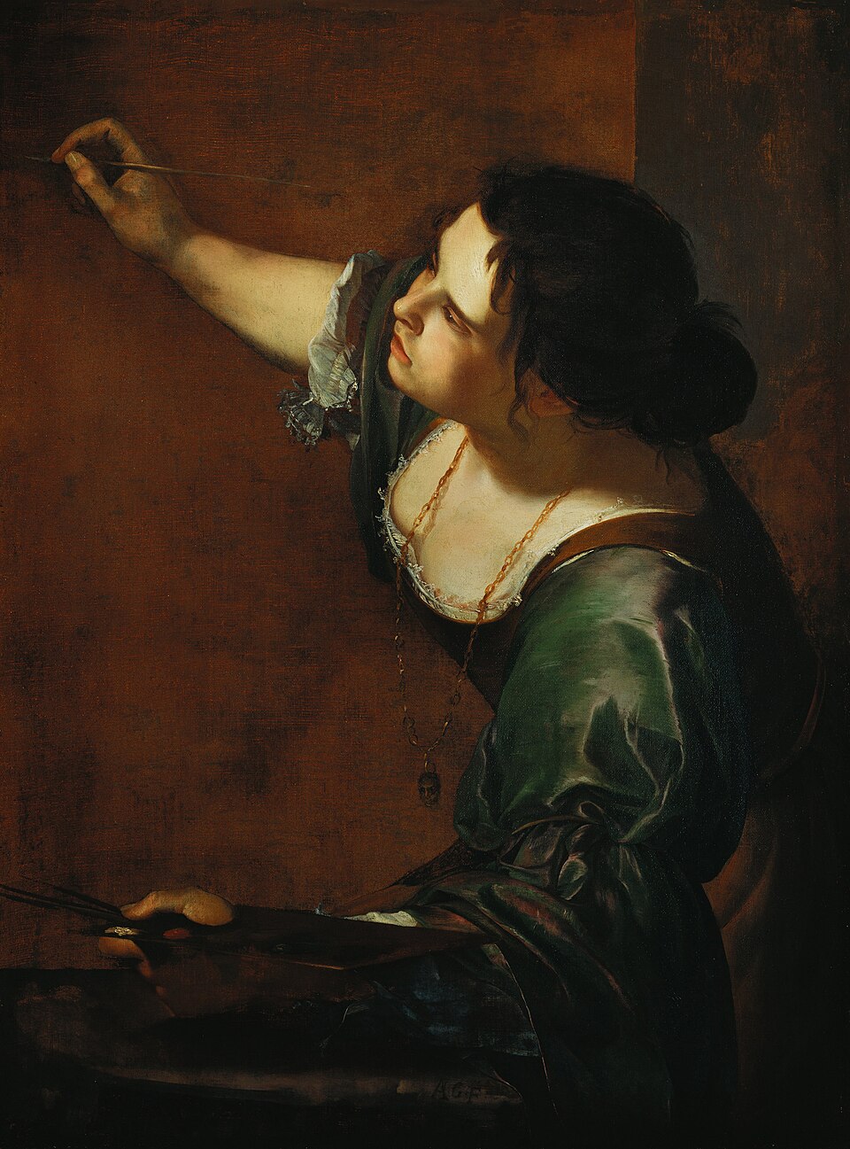 Self-Portrait as the Allegory of Painting; Artemisia Gentileschi (a fair skinned woman with dark hair) is in the act of painting while being a painting style as a muse