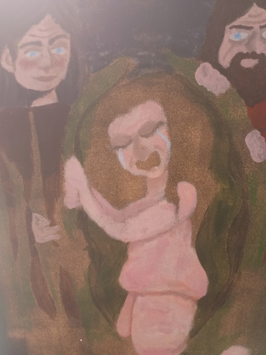 A partially complete version of my painting, the incomplete parts are glowing from the light behind