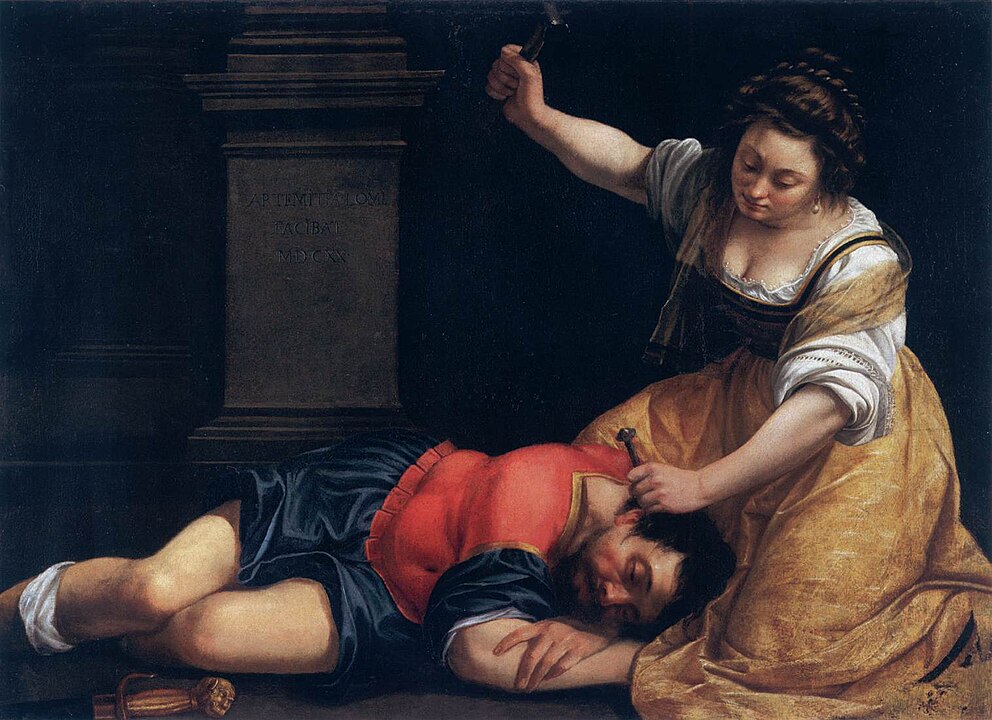 A man, Sisera, is sleeping on a woman's lap. The woman, Jael, is holding a peg to the man's head and she is about to strike her mallet into it